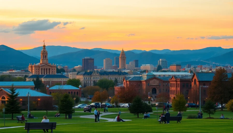 Clarksburg skyline illuminated at sunset with vibrant colors and people enjoying the park.