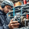 Examine a gearbox syncro component on a workbench for detailed automotive insights.