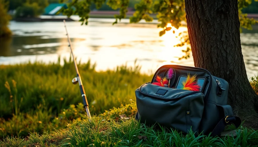 Showcase a functional fly fishing bag filled with vibrant lures beside a river, perfect for anglers.