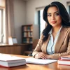 Abogada showcasing expertise in a modern law office, symbolizing professionalism.