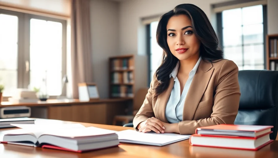 Abogada showcasing expertise in a modern law office, symbolizing professionalism.