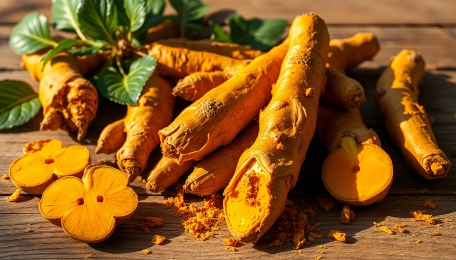 Harvested Turmeric Root displayed on wood exuding natural health benefits and vibrant color.