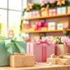 Vielfältige Partner Geschenke in einem einladenden Geschenkladen mit bunten Verpackungen.