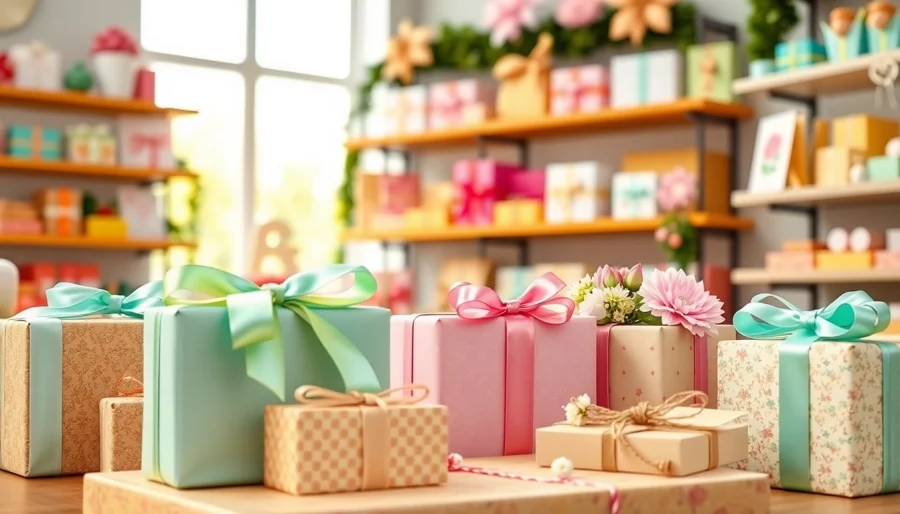 Vielfältige Partner Geschenke in einem einladenden Geschenkladen mit bunten Verpackungen.