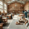 Participants engaging in custom workshops surrounded by tools and materials, fostering creativity.