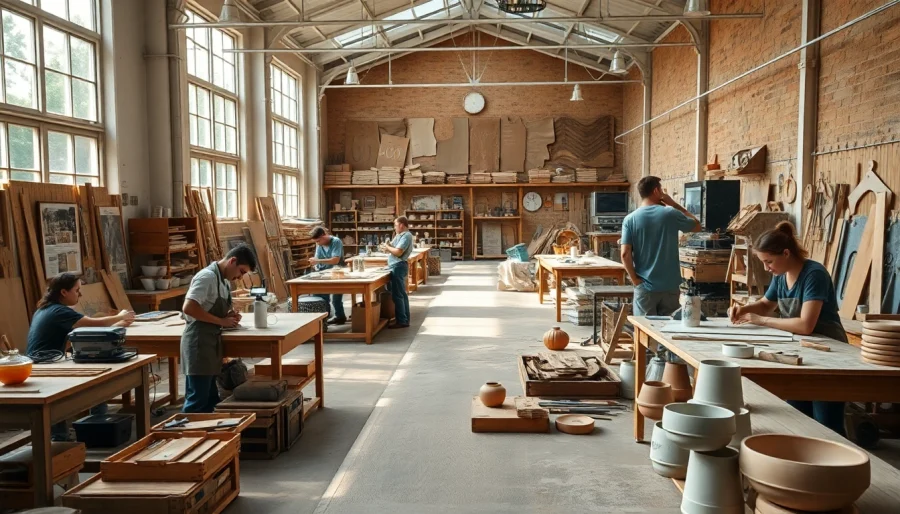 Participants engaging in custom workshops surrounded by tools and materials, fostering creativity.
