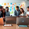 Engaging social media marketing team strategizing with digital devices in a vibrant office.