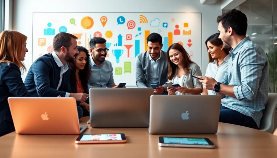 Engaging social media marketing team strategizing with digital devices in a vibrant office.