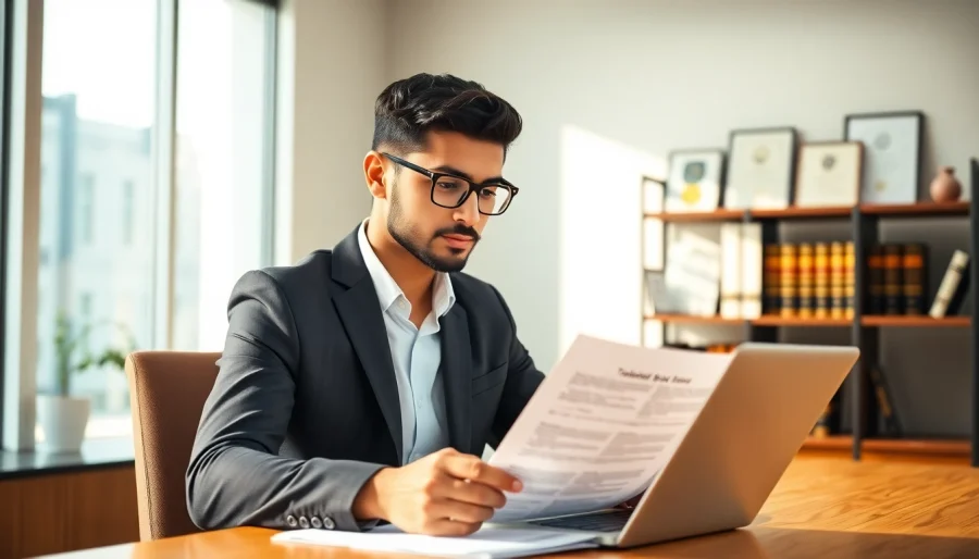 Explaining the process of trademark registration in Dubai with official documents and a laptop.
