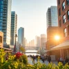 Dynamic street scene in Downtown Jersey City with cozy cafes and stunning skyline views.