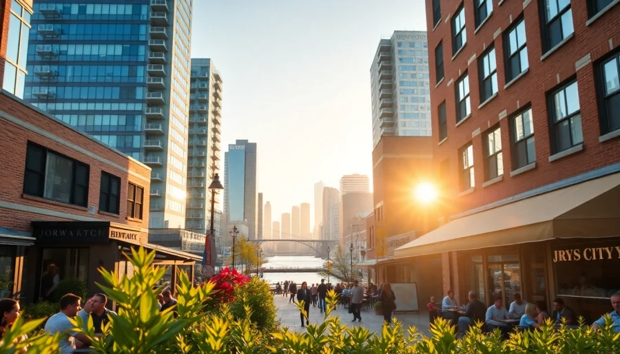 Dynamic street scene in Downtown Jersey City with cozy cafes and stunning skyline views.