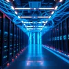 Visualize a proxy server online setup with advanced server racks and vibrant lighting.