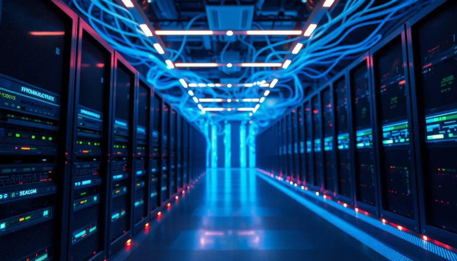 Visualize a proxy server online setup with advanced server racks and vibrant lighting.