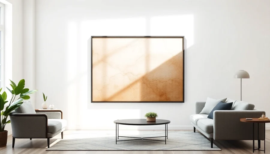 Showcase a large 36x48 frame elegantly displaying artwork in a bright, modern living room.