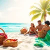 Experience Livingstone Vacations Bahamas Travel with a family enjoying a sunny beach picnic.