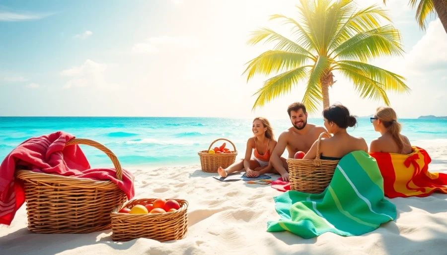 Experience Livingstone Vacations Bahamas Travel with a family enjoying a sunny beach picnic.