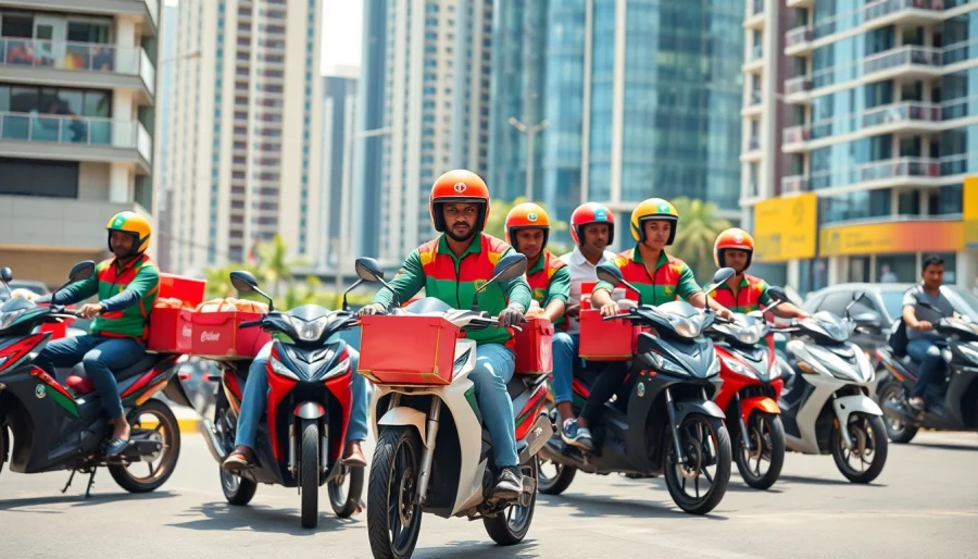 Dynamic scene of delivery apps in Lagos featuring vibrant riders and bustling streets.