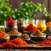 Showcasing single origin spices in elegant jars on a rustic table to enhance culinary creativity.