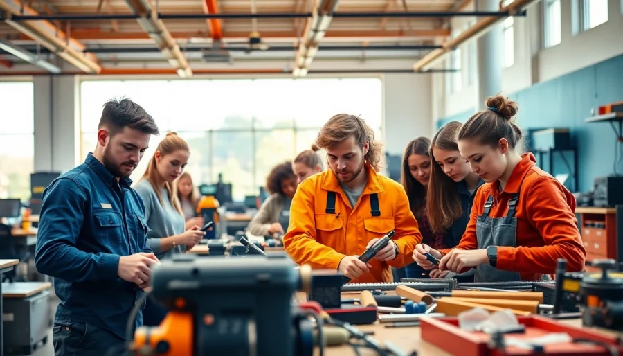 Students actively learning trade skills at a trade school in Knoxville, TN, highlighting collaboration.