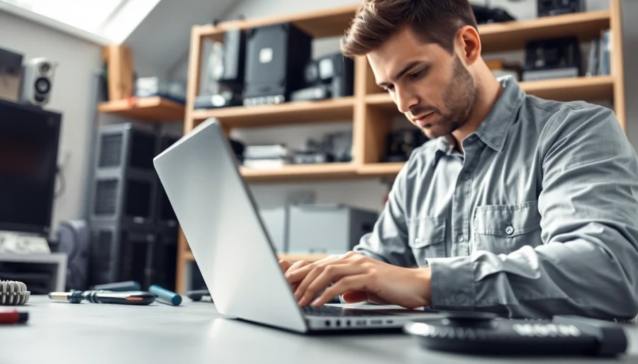 Riparazione computer torino: esperto tecnico ripara un laptop in un ambiente professionale.