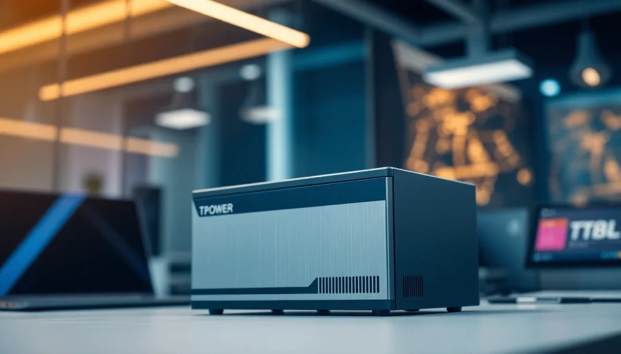 Showcasing TPower power supply unit in a modern tech workspace.