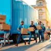 Showcase of moving companies in London, highlighting movers in action with boxes in a vibrant city setting.
