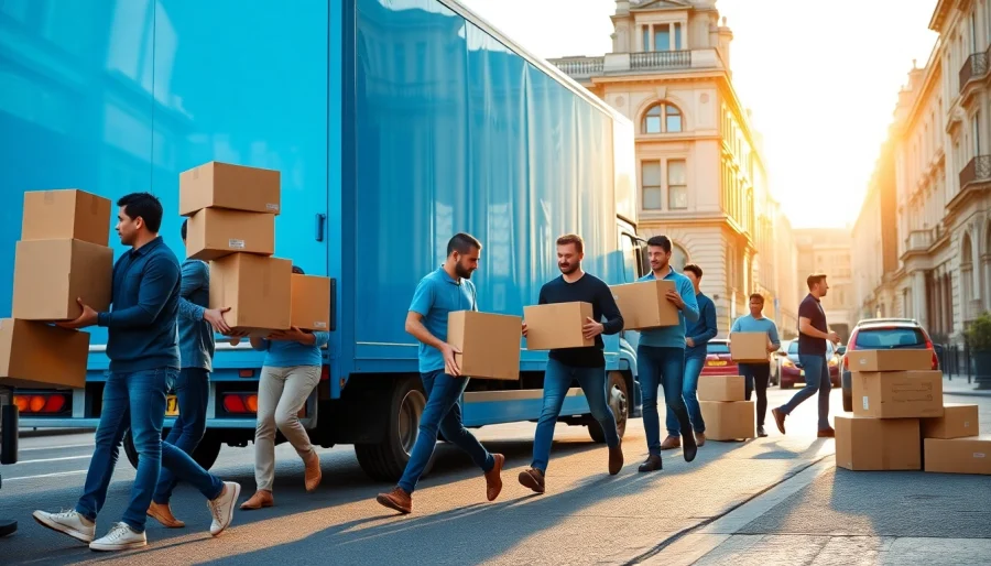 Showcase of moving companies in London, highlighting movers in action with boxes in a vibrant city setting.
