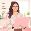 Creative young woman epitomizing the soft girl hustle in a pastel workspace.