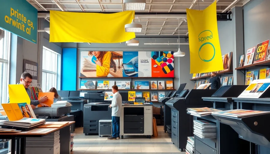 Showcasing printers Edmonton Alberta in a professional printing shop with colorful displays.