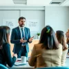 Engaging business coaching service session in a modern office environment with diverse participants.