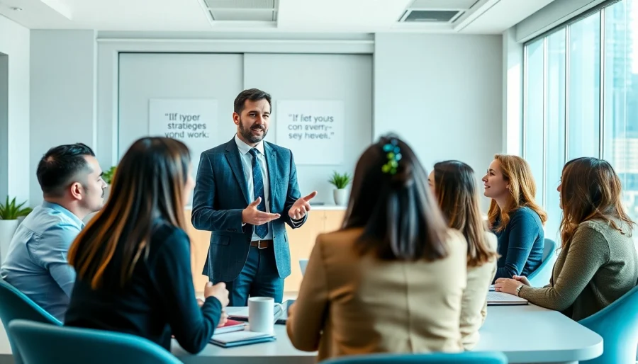 Engaging business coaching service session in a modern office environment with diverse participants.