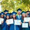 Showcasing graduates with diploma degrees for sale online, celebrating their achievements in a joyous educational setting.