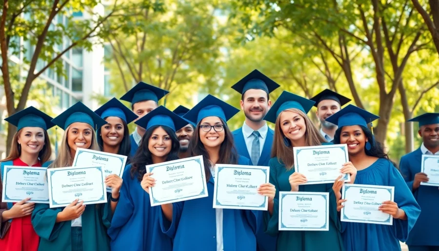 Showcasing graduates with diploma degrees for sale online, celebrating their achievements in a joyous educational setting.