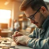 Riparazione iPhone Torino, tecnico al lavoro su un iPhone in un laboratorio moderno.
