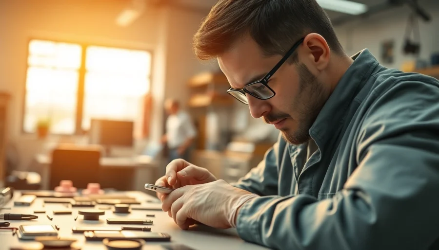 Riparazione iPhone Torino, tecnico al lavoro su un iPhone in un laboratorio moderno.