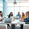 Social media agency team collaborating in a bright office to create engaging strategies.