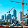 Workers collaborating on austin construction projects against a vibrant city skyline.