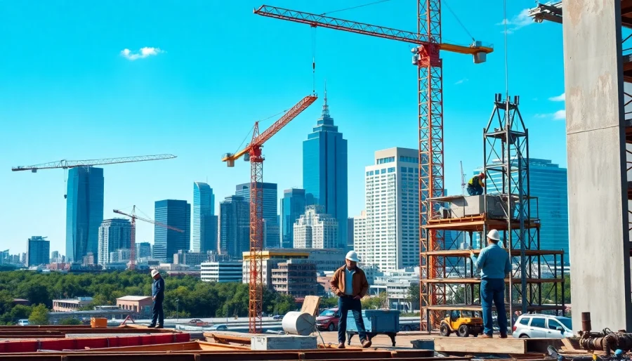 Workers collaborating on austin construction projects against a vibrant city skyline.
