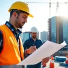 Austin construction site featuring workers with blueprints and cranes, illustrating vibrant building activity.