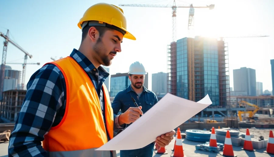 Austin construction site featuring workers with blueprints and cranes, illustrating vibrant building activity.