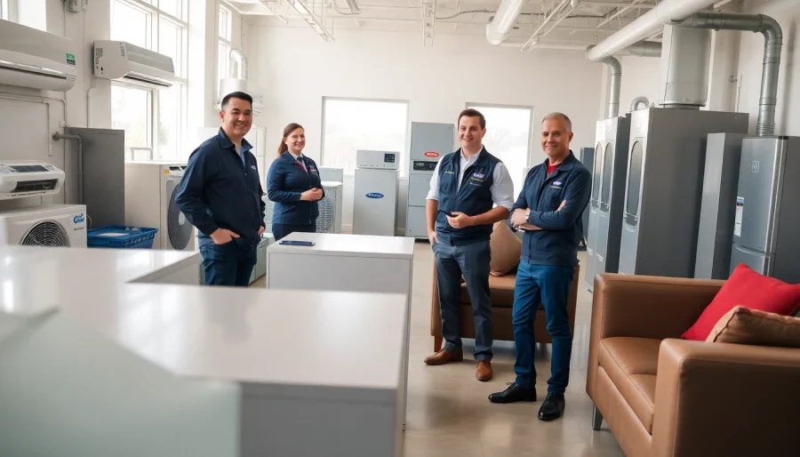 HVAC dealers demonstrating energy-efficient systems in a professional showroom environment.