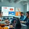 Buy YouTube views with a marketing team analyzing social media performance in a bright office.