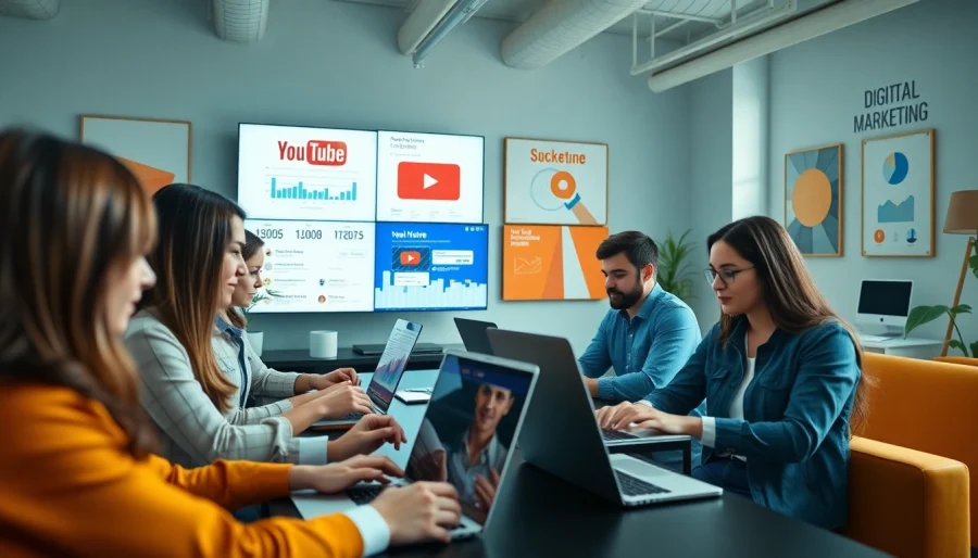 Buy YouTube views with a marketing team analyzing social media performance in a bright office.
