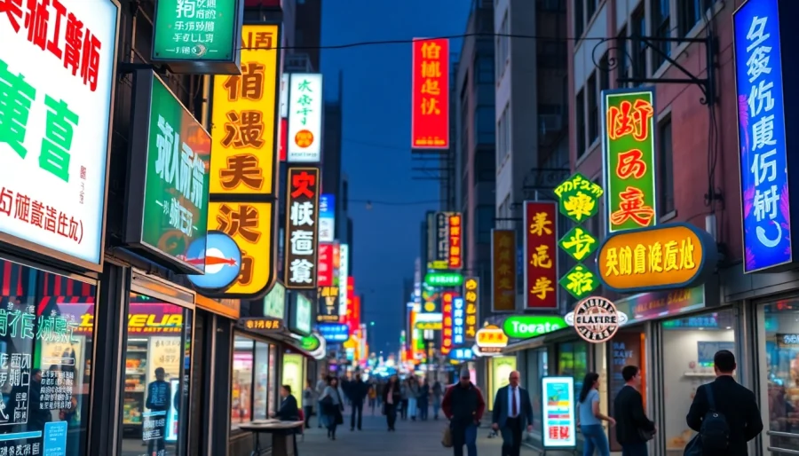 Illuminated electrical signs in a busy urban setting, showcasing vibrant designs.