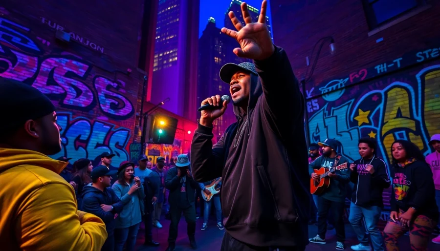 Artists captivating the audience with underground rap Chicago performance under neon lights.