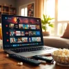 Experience a free streaming trial in a cozy living room with vibrant genres on a modern laptop.