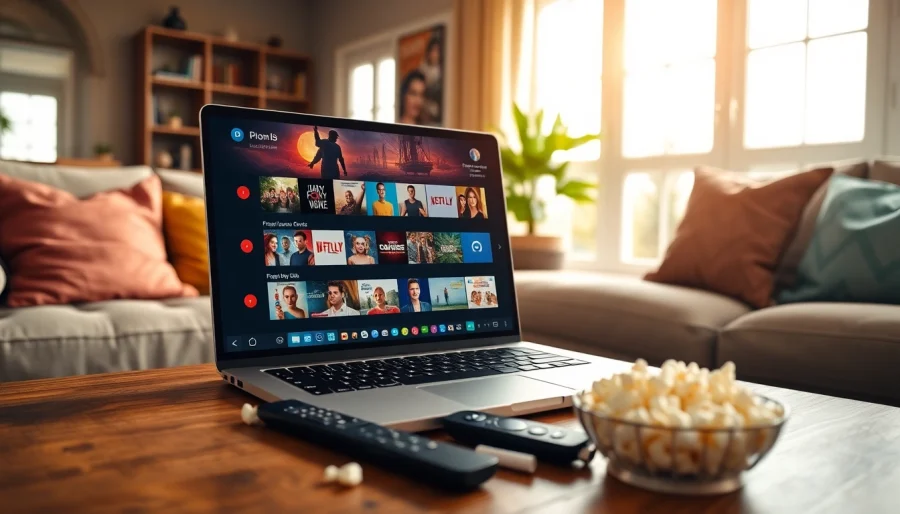 Experience a free streaming trial in a cozy living room with vibrant genres on a modern laptop.