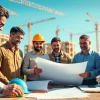 Engaged Southern California contractors discussing plans on a lively construction site.