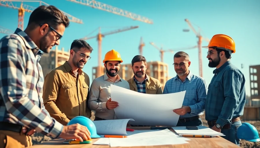 Engaged Southern California contractors discussing plans on a lively construction site.