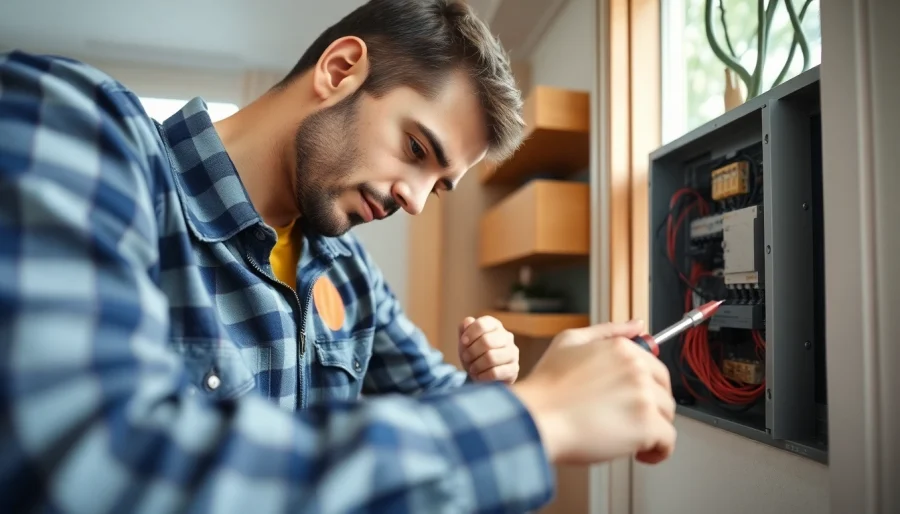 Electrician apprenticeship Hawaii context showing an apprentice focusing on electrical work at a residential panel.